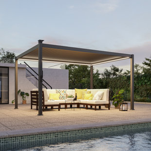 Solar LED Louvered Pergola, Outdoor Metal Pergola with LED Strip Lights, Patio Pergola with Adjustable Roof for Patio, Deck, Garden,Yard