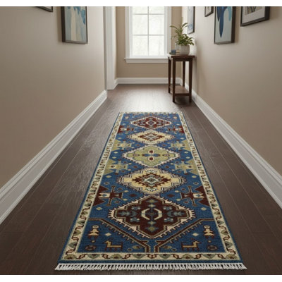 Tapis de couloir oriental bleu en laine noué à la main 2 pi 7 po x 8 pi Pinaud