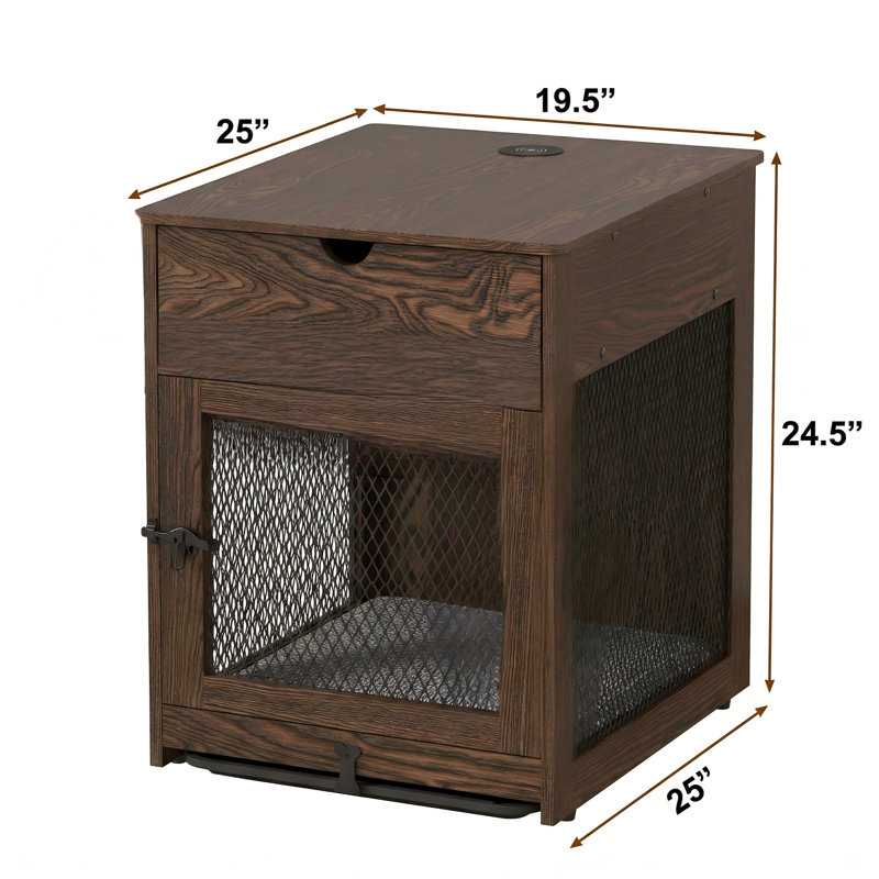 Cage en bois pour chien conçue comme table de bout pour petits chiens, de style rustique, comprend un tiroir de rangement, un coussin et un plateau amovible, dispose d'une charge sans fil et de deux ports USB