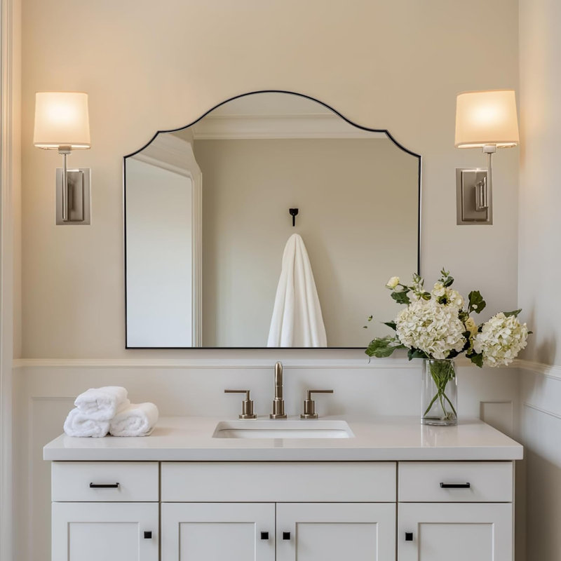 Scalloped Arch Bathroom Vanity Mirror with Curved Top | Stainless Steel Frame, Brushed Nickel, 28" x 32"