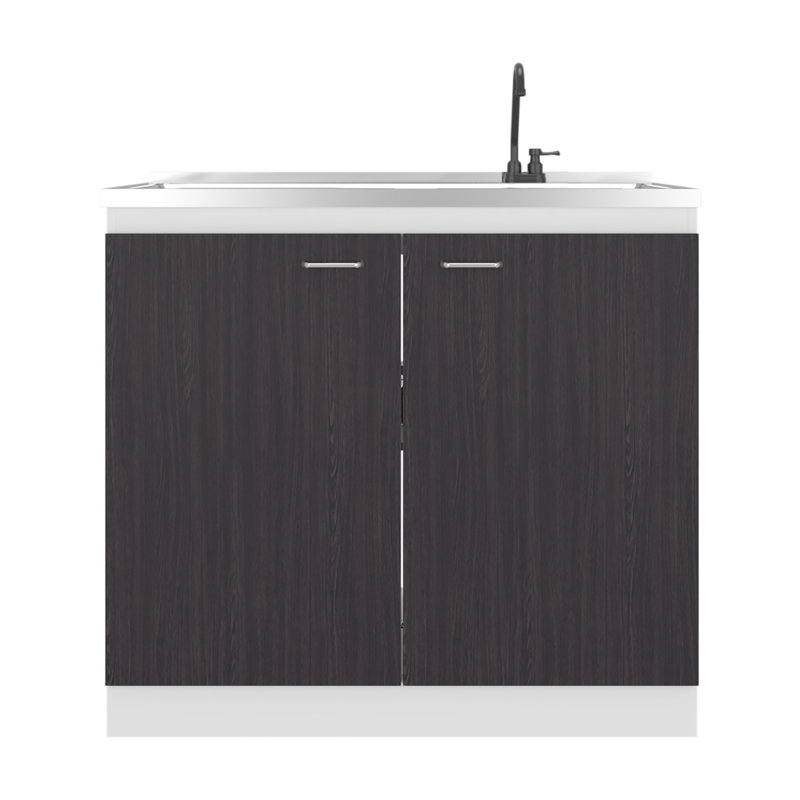 Napoles Utility Sink With Faucet Inclued And Integrated Stainless Steel Counter Top, Freestanding Cabinet With Two Doors, Metal Handles And Two Interior Shelves, Black & White Print