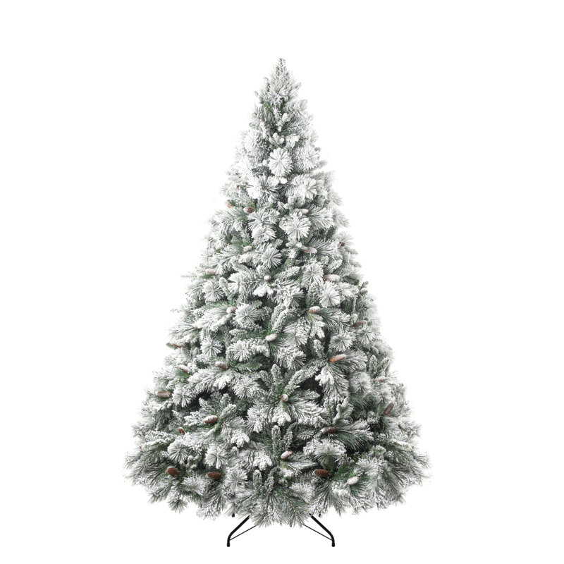 6.5ft Snow-Flocked Prelit Pine Christmas Tree with Pine Cones and Metal Stand