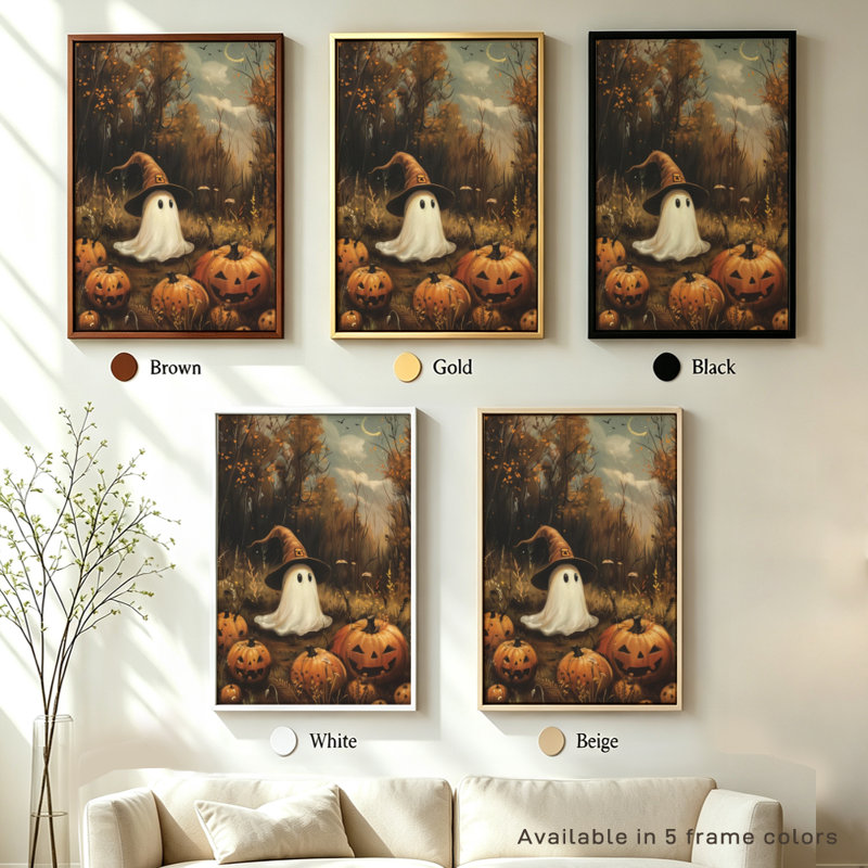 Fantôme d'Halloween portant un chapeau de sorcière parmi des citrouilles, tableau sur toile encadré, cadre doré, 50 x 75 cm