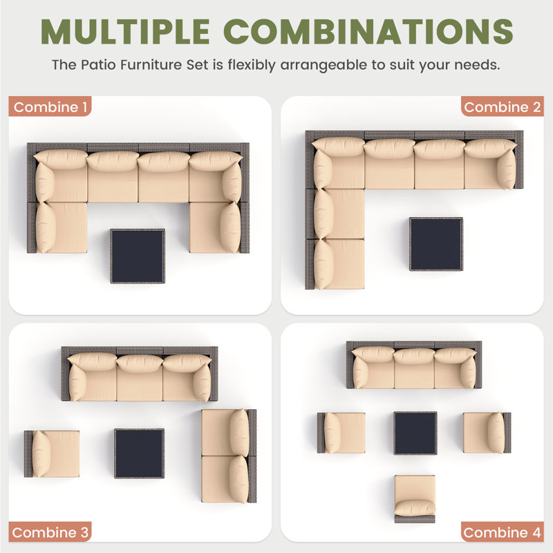 7 Piece Patio Conversation Set With Coffee Table And Cushions, Beige