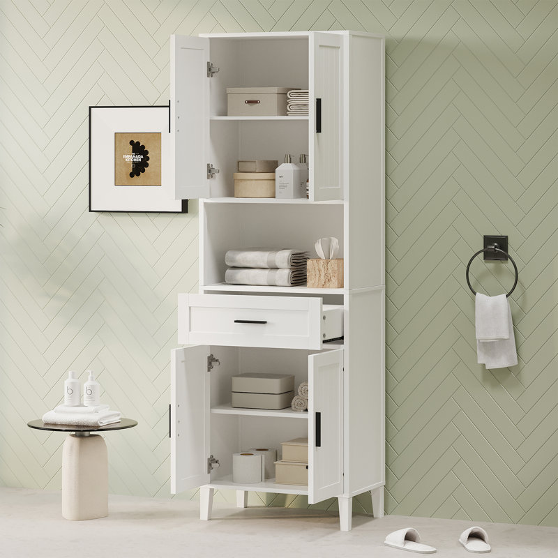 Freestanding Tall Bathroom Cabinet with a Drawer, 2 Cabinets, 4 Soft-Close Doors, 2 Adjustable Shelves, Open Storage, White