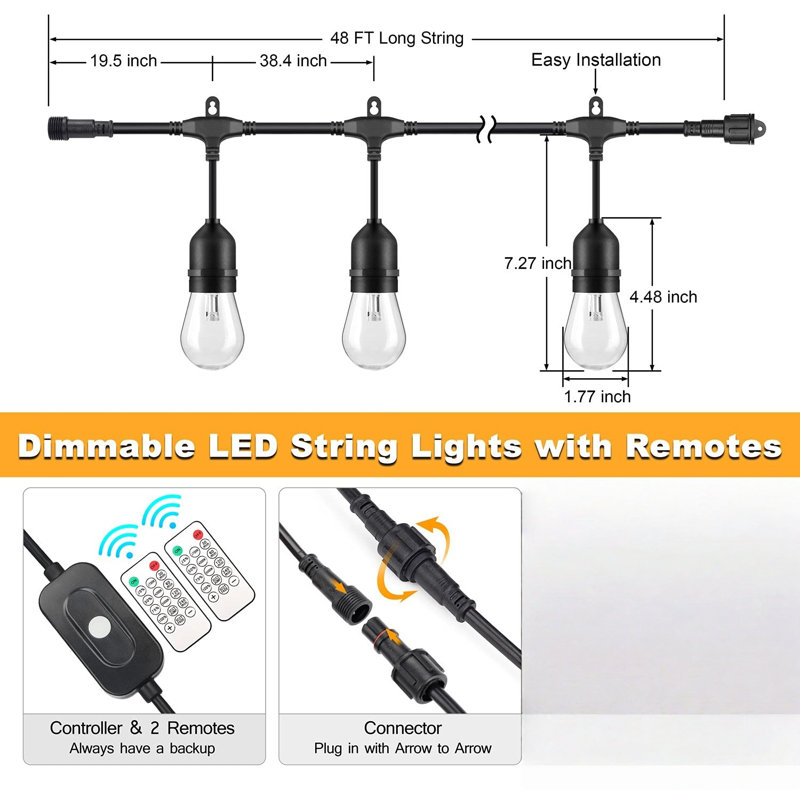 48FT 3-Color Dimmable String Lights With Remote, Waterproof For Patio