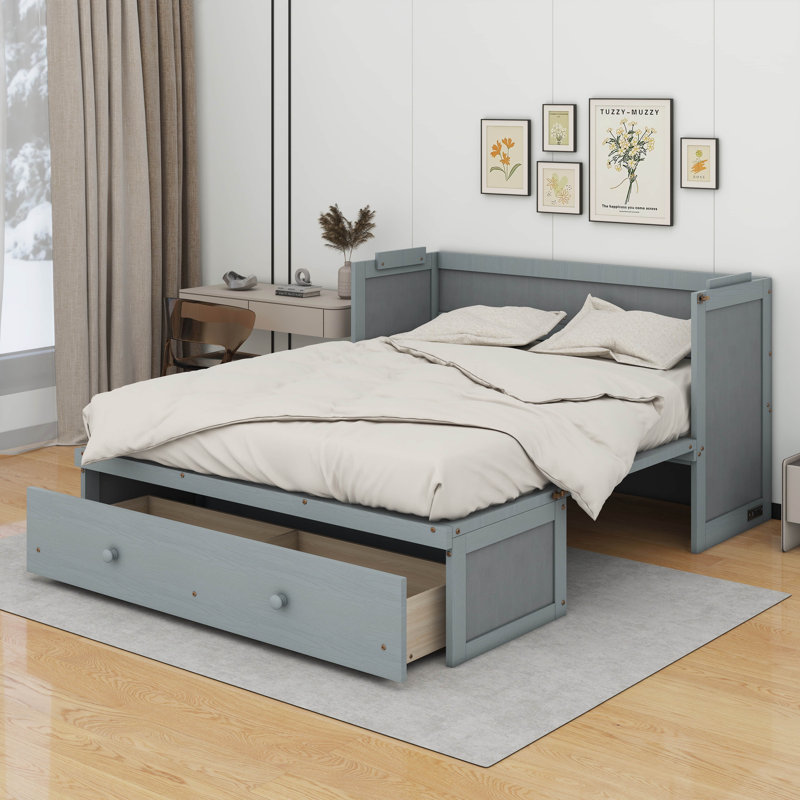 Lit escamotable avec port USB et tiroir, gris, Grand