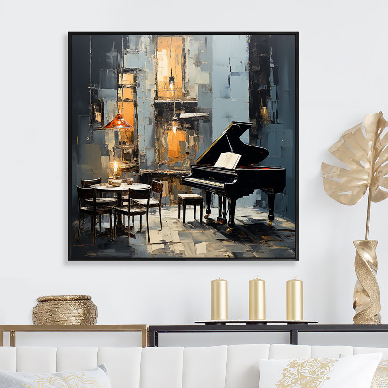 Jaune et gris Grand Piano Jazz Cafe III - Piano, art mural, Cadre flottant noir, H 30 po x l 30 po x P 1,5 po