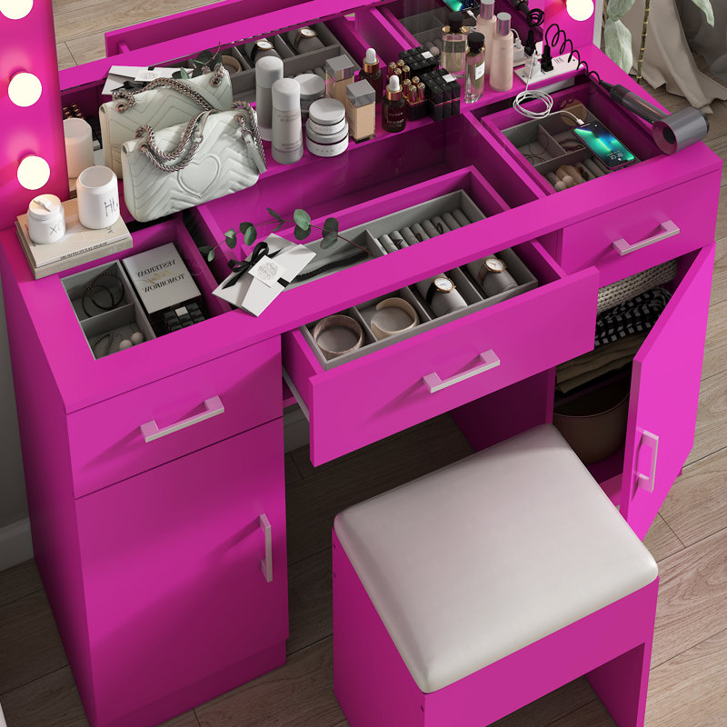 Large Makeup Vanity Set with Lights, USB & Power Outlet,3 Drawers, Pink