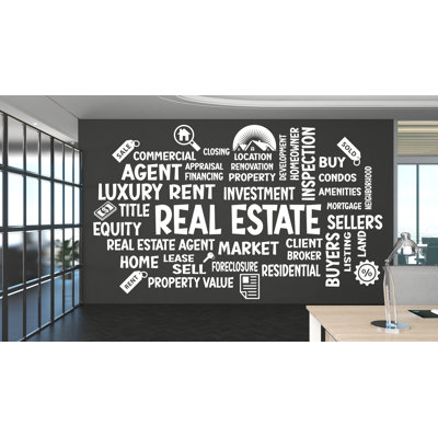 Adhésif décoratif en vinyle, agent immobilier, agence de courtage, bureau, idée, fenêtre, entreprise, décoration, autocollant, murale, nuage de mots, 565DLU