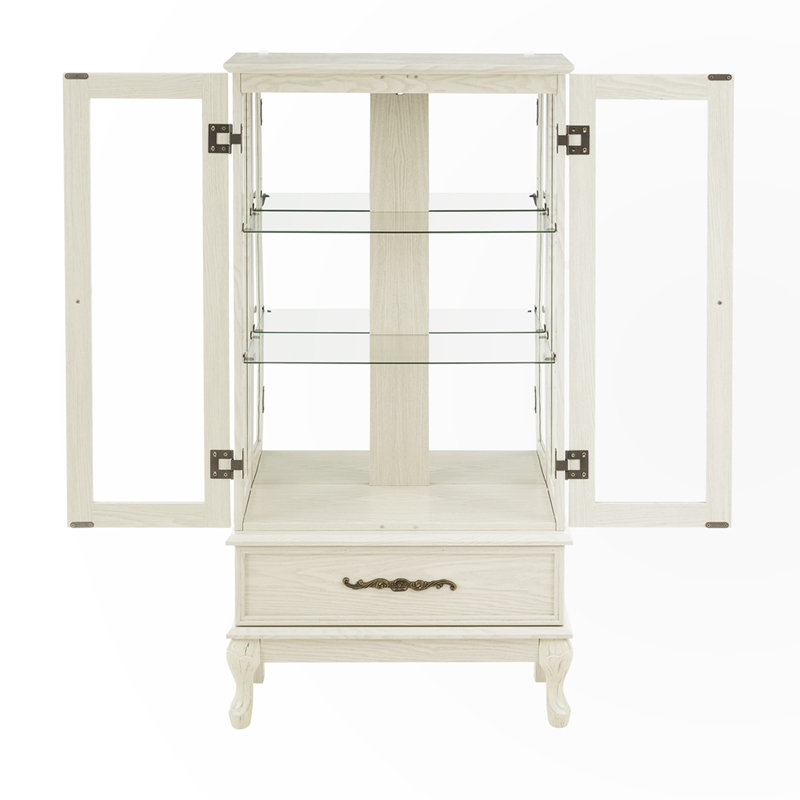 Antique White Lighted Glass Curio Cabinet with Adjustable Shelves