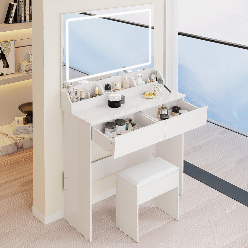 Très grande coiffeuse avec miroir à DEL de 31 po x 20 po + ensemble de tabouret à coussin souple, interrupteur tactile, 3 couleurs, luminosité réglable, rangement de grande capacité, coiffeuse compacte convenant aux petits espaces
