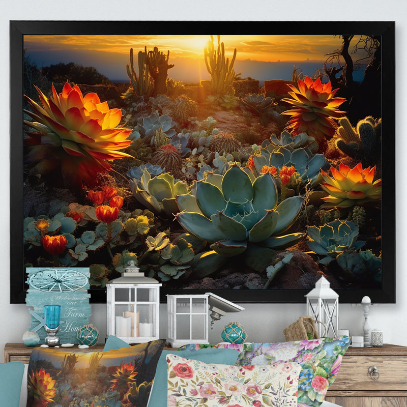 Succulent Desert Cactus Field Burning Sunset - Succulent Wall Art, H 34 po x l 44 po, Cadre photo unique, Noir