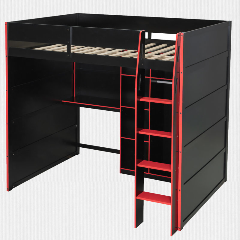Lit mezzanine double avec bureau intégré, Rouge