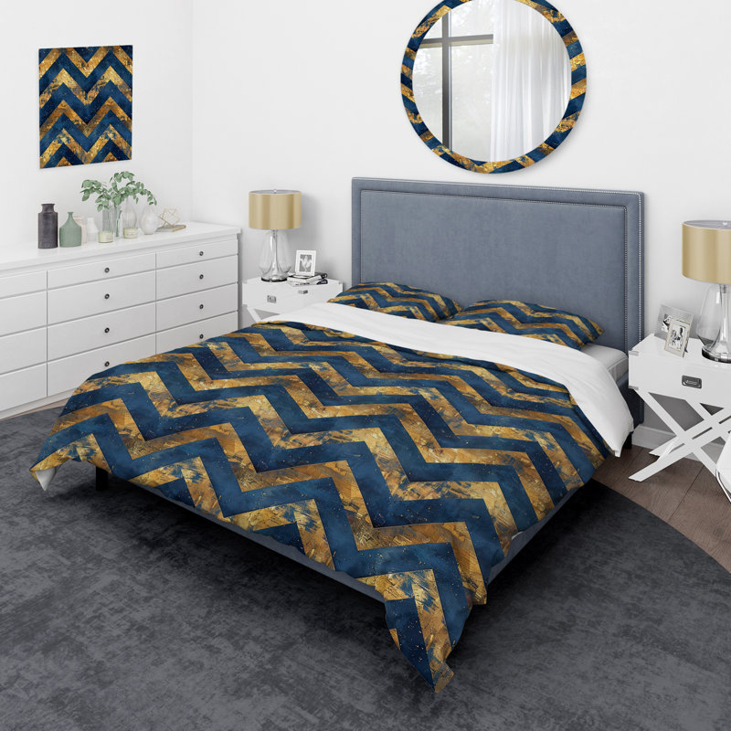 Ensemble de housse de couette à chevrons bleu doré et bleu Glam I, Housse de couette très grand + 2 taies décorativ
