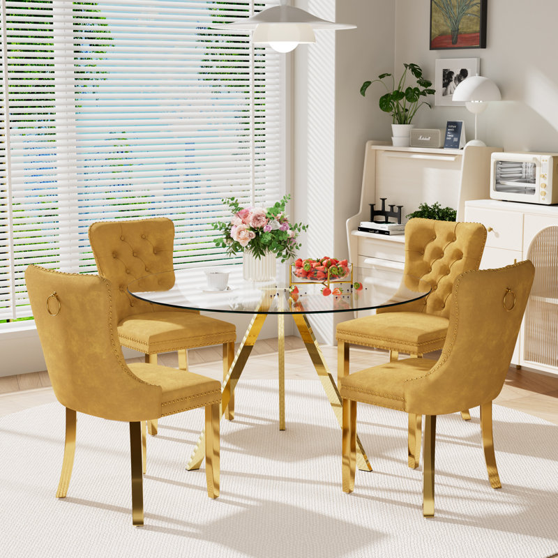 5-Piece Pedestal Gold Dining Set, Gold, 30" H x 47" W x 47" D