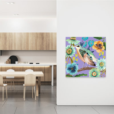 Bird And Flowers Colorful Bird Violet Flower Nature Wall Art Print