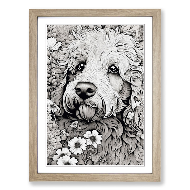 Labradoodle Line Art - Framed Print, 46cm H x 34cm W x 2cm D, Oak Framed