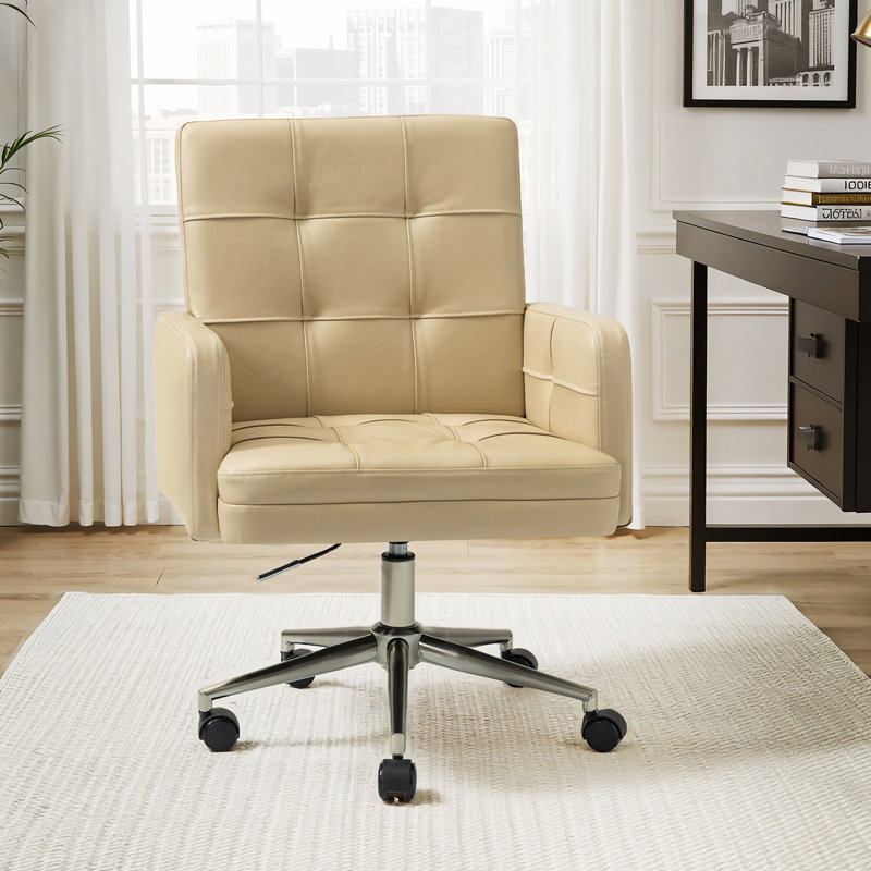 Auric Mid-Century Modern 23" W Leather Height-Adjustable Swivel Office Chair with Button Design, Beige