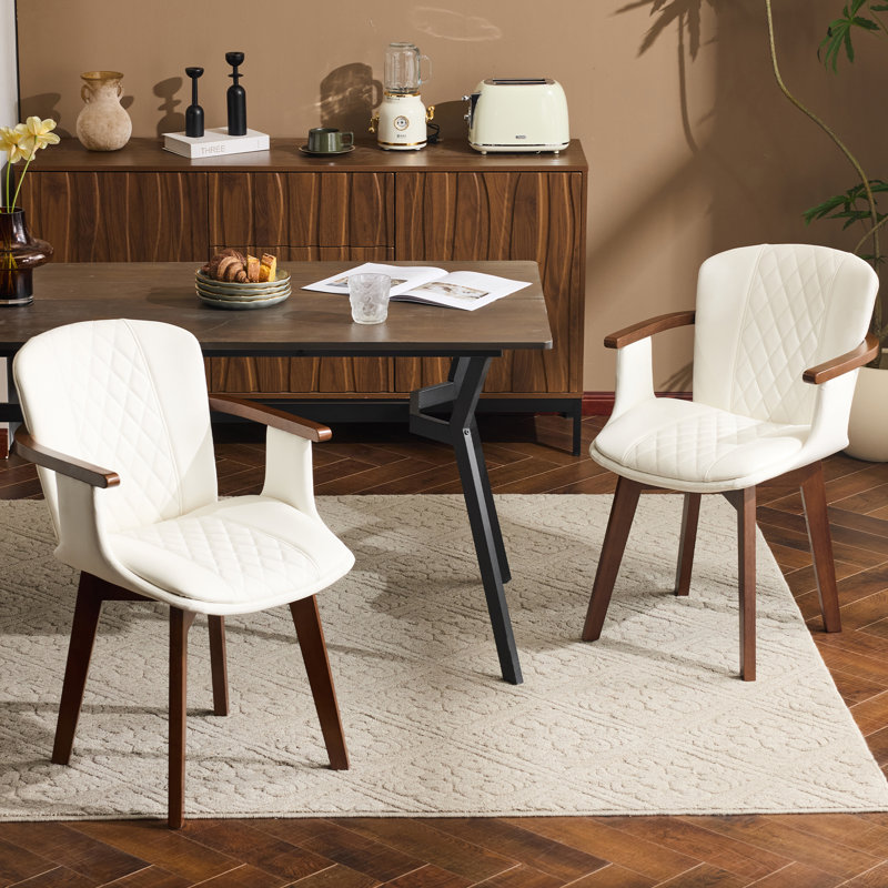Mid-Century Faux Leather Upholstered White Dining Chairs with Solid Wood