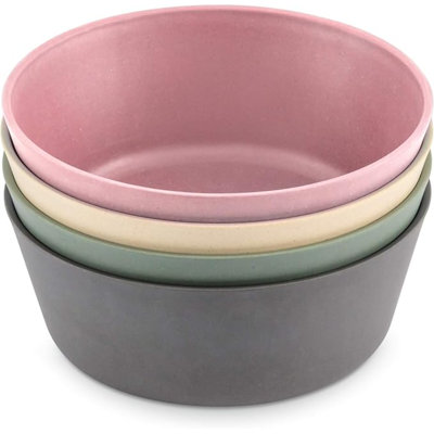 Bamboo Kids Bowls, Set Of Four 10 Oz Kid-Sized Dinnerware, Cereal, Leftovers & Snack Bowl, Dishwasher Safe (Pink, Green, Gray, & Beige)