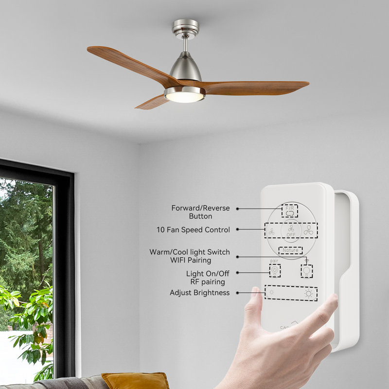 52" 3-Solid Wood Blade Smart Modern Ceiling Fan with Light and Remote, 10-Speed Quiet DC Motor, Bedroom Ceiling Fan, Living Room Fan,Timer