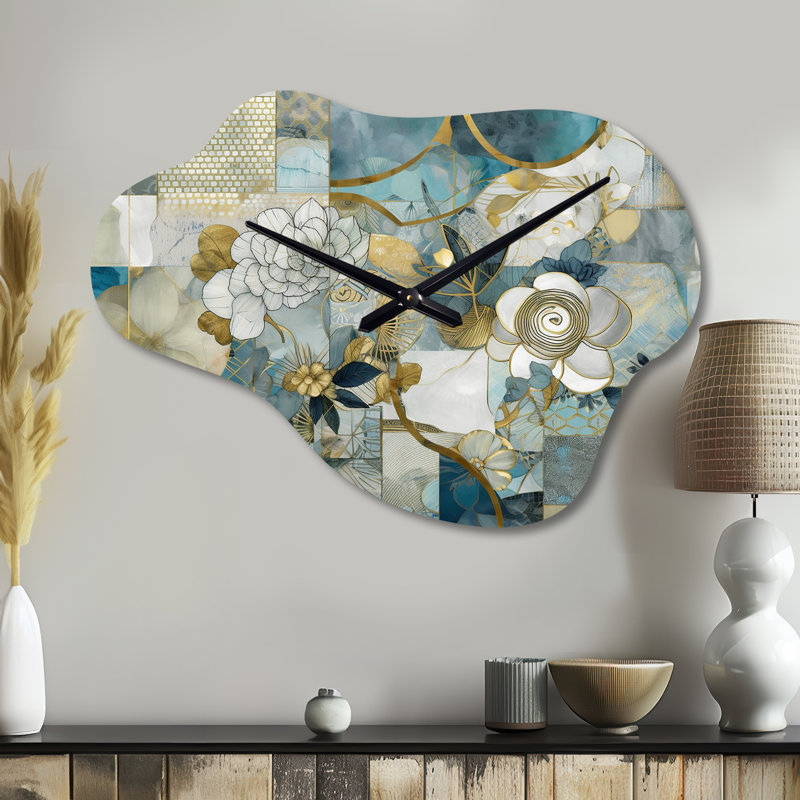 Horloge murale en métal doré bleu avec motif floral II, Grand