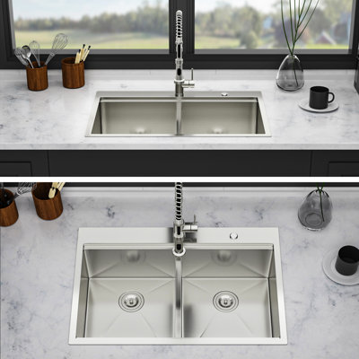 16 Gauge T304 Stainless Steel Brushed Nickel 36"X22"X10" Double Bowl 50/50 Topmount Kitchen Sink, X - Shaped Drain Design, Sound Absorbing Coating And Pad, Workstation With Smart Lower Divider, Comes