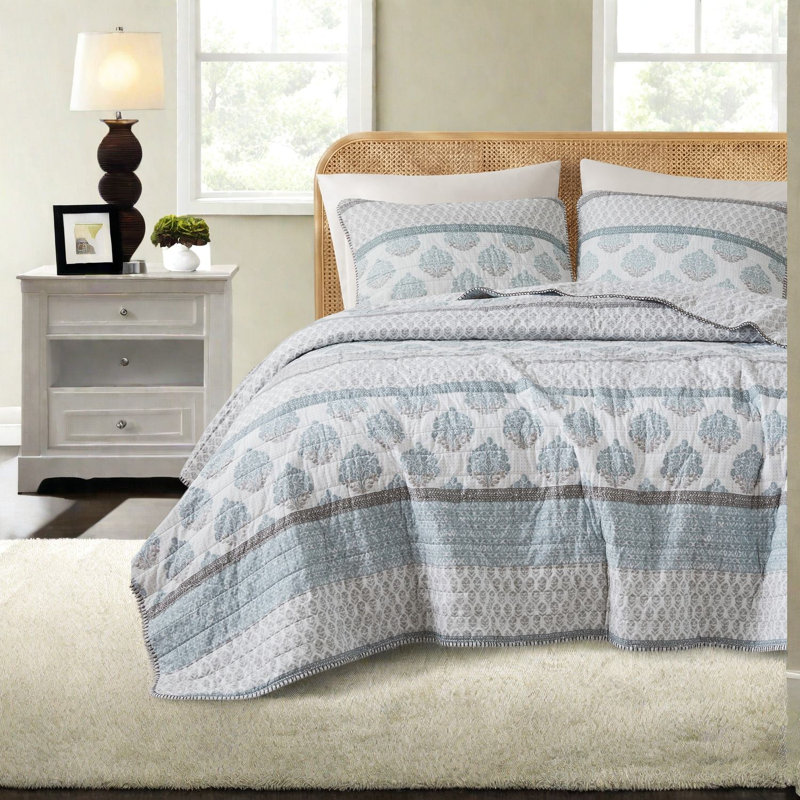 Aqua Cotton Quilt Bedding Sets, Full Queen Reversible Modern Home Comfort