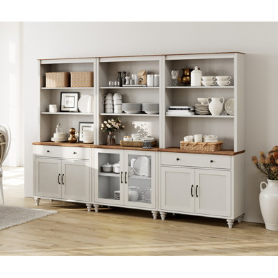 Sideboard Cabinet With Bar Hutch, Buffet Cabinet With Glass Doors, 3 Tier Shelves And Wood Storages, White, 101