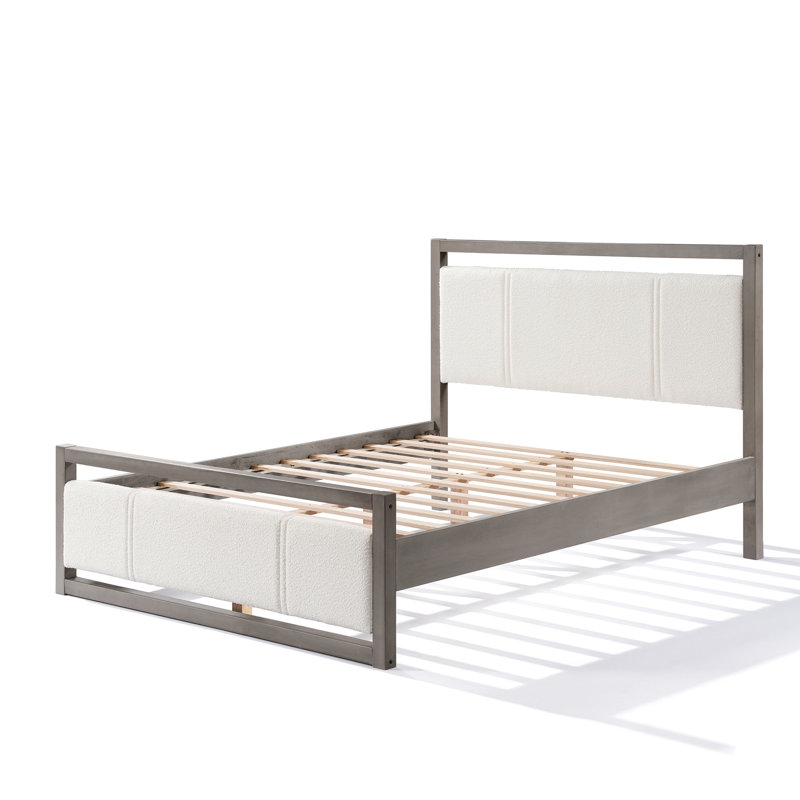 Grand lit à panneau en bois bouclé et gris, système de lattes silencieuses, confort pour les dormeurs latéraux, chambre à coucher facile à installer avec tête de lit en bois d'hévéa, lattes, aucun sommier nécessaire