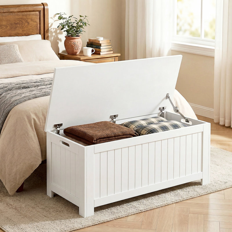 Coffre de rangement avec 2 charnières de sécurité et couvercle rabattable, blanc