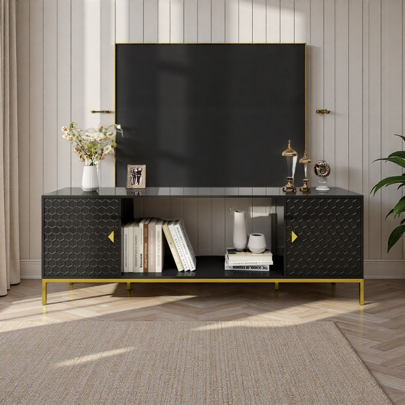 Meuble télé 70 po, meuble multimédia en bois robuste avec rangement et tablettes ouvertes pour le salon, design moderne, Noir