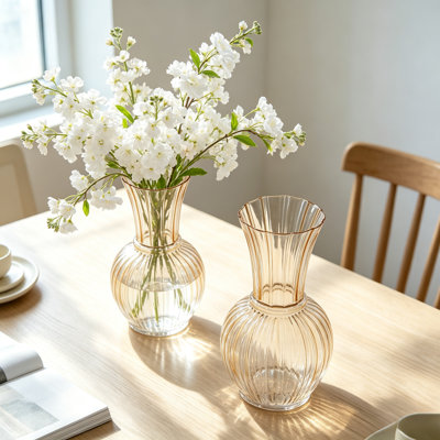 Ensemble de 2 vases décoratifs en verre ambré l 6,3 po x H 11,4 po avec texture nervurée et col évasé
