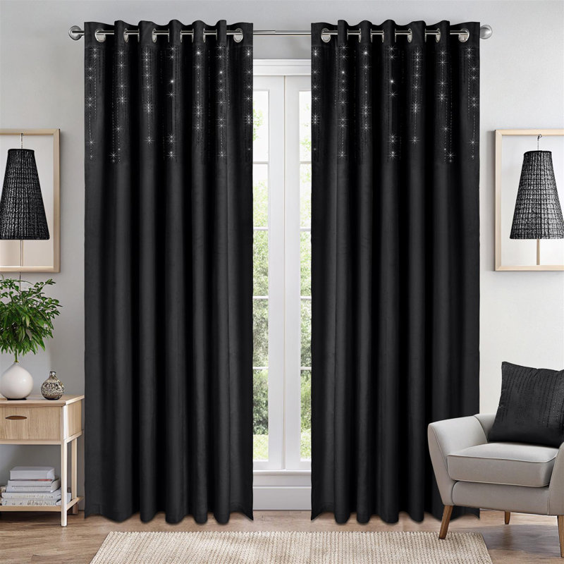 Triple Woven Blackout Velvet Ring Top Curtains with Cascading Diamante Studs, 168cm Width x 137cm Drop, Black