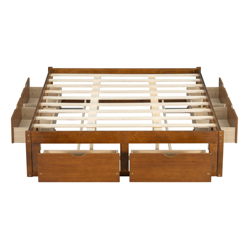 Lit plateforme avec 6 tiroirs de rangement, lit de rangement en bois de pin, Grand lit, Walnut