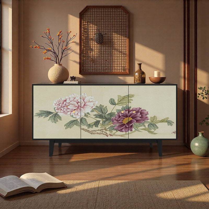 Buffet classique en bois massif à motif de pivoines, Noir