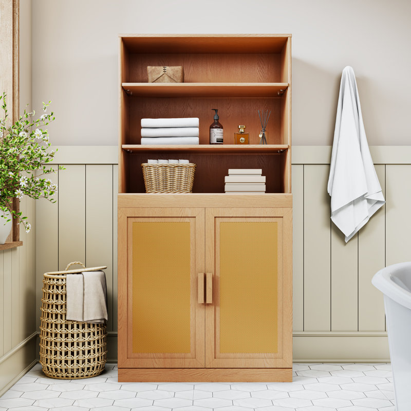 Colette 62″ H Freestanding Linen Cabinet With Adjustable Shelves, Oak, 62" H x 31" W x 31" D