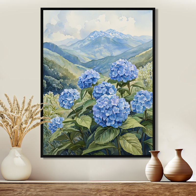 Hortensias dans la prairie de montagne I - art mural d'hortensias pour le salon, Noir, Impression encadrée flottante