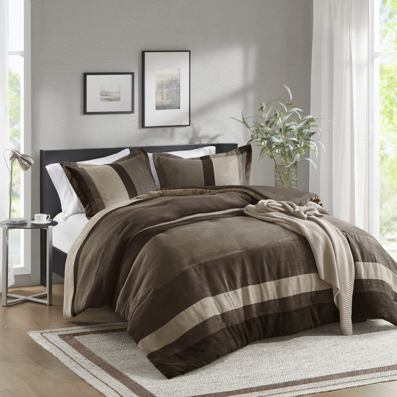 Boulder Striped Microsuede Plush Comforter Set in Farmhouse Style, Full/Queen Comforter + 2 Standard Shams, Brown