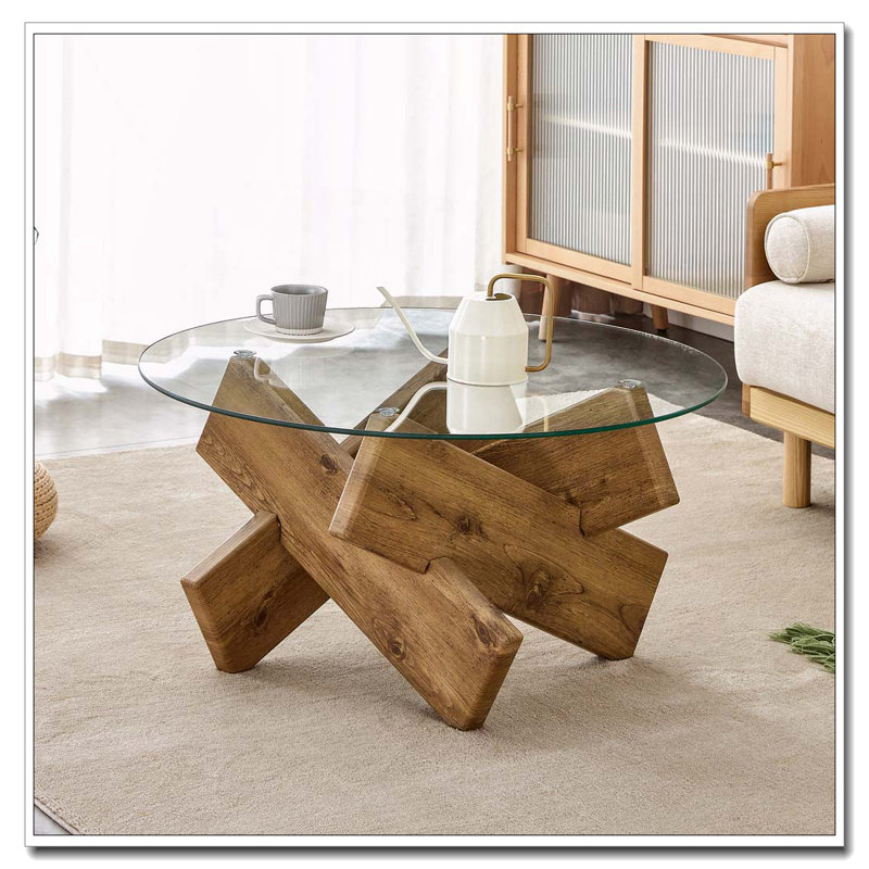 Table basse ronde en verre, Bois naturel