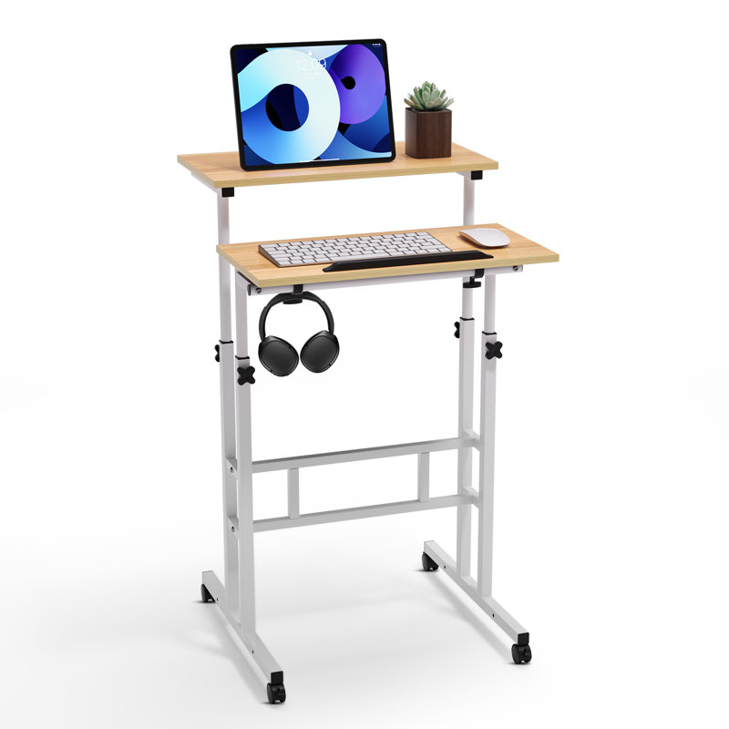 Mobile Computer Desk, Adjustable Height Laptop Standing Desk with Tilting Tabletop and Monitor Shelf, Natural/White