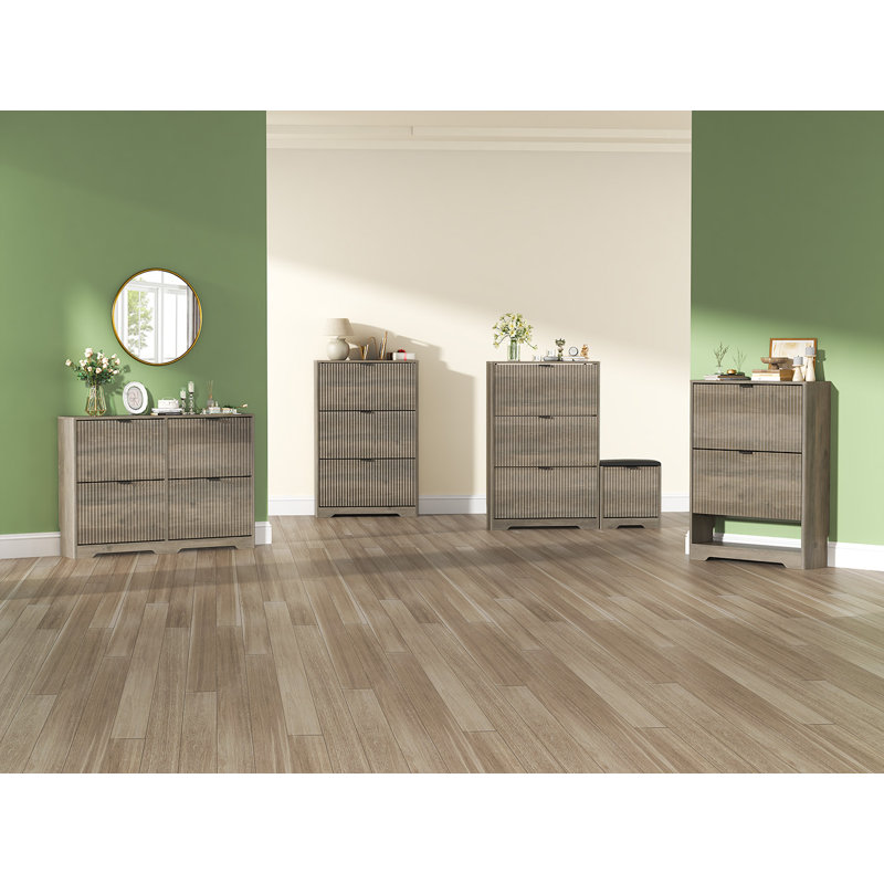 Armoire à chaussures 33 pouces à quatre portes à motif ondulé avec tiroirs rainurés et comptoir résistant à l'humidité, Gris