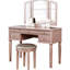 Meuble-lavabo de chambre en or rose avec miroir pliable, cinq tiroirs de rangement et un tabouret rond rembourré, combinaison en bois massif doré contemporain, structure en placage de bouleau