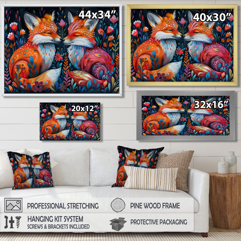Cowart - Renard, art mural animal, H 30 po x l 40 po, Cadre flottant brun