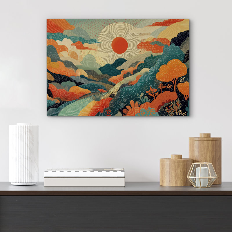 "Colorful Abstract Landscape Illustration" - très grande impression sur toile encadrée, Toile tendue