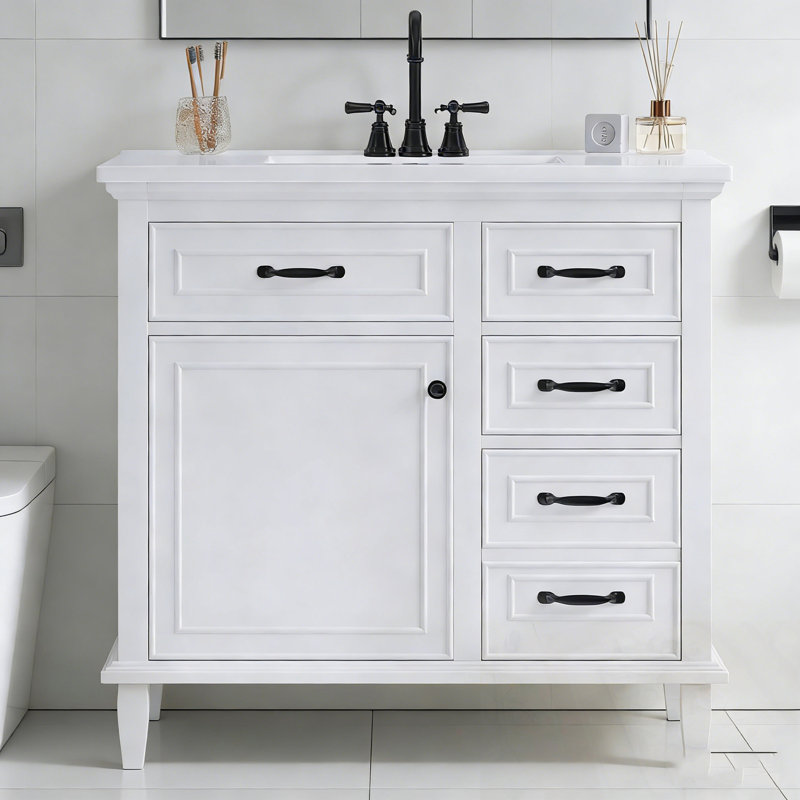 Bathroom Vanity with Sink, Flip Drawers and Adjustable Shelf, White