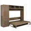 Lit escamotable avec garde-robe, tiroirs et tablettes ouvertes, bois antique