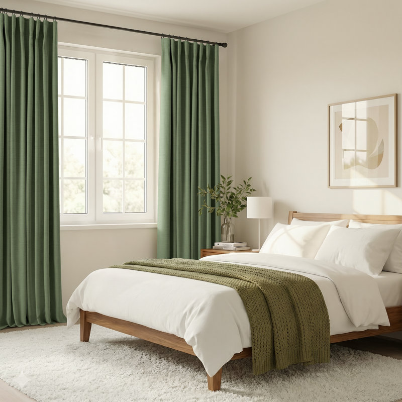 Birglinde Faux Linen Thermal 100% Blackout Curtains Rod Pocket/Ring Clips, 50" W x 108" L, Moss Green