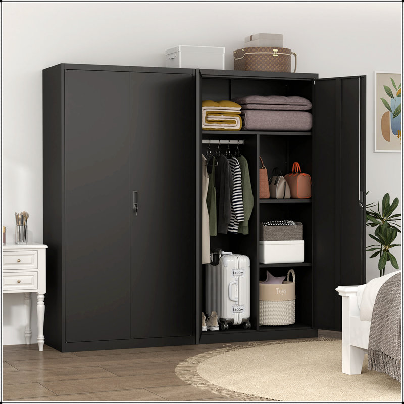 Armoire verrouillable en acier noir à grande capacité avec tringle et compartiments pour la chambre à coucher, le salon et la buanderie